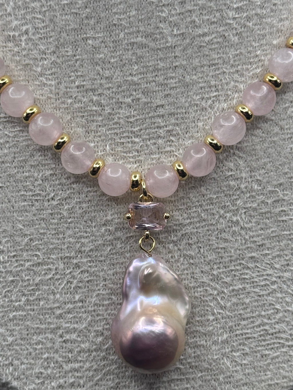Rose Quartz Crystal Beaded Necklace with Baroque Pendant
