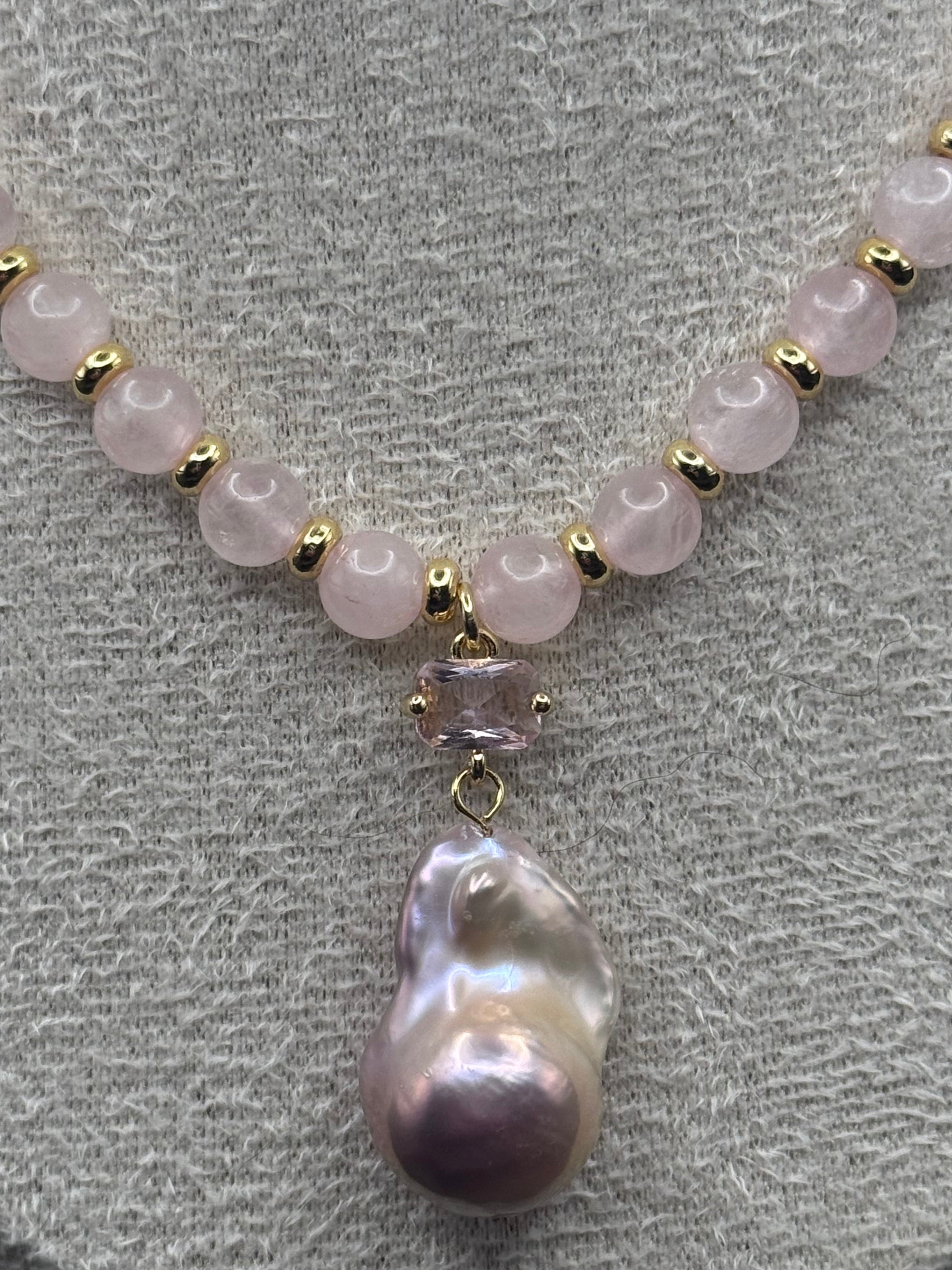 Rose Quartz Crystal Beaded Necklace with Baroque Pendant