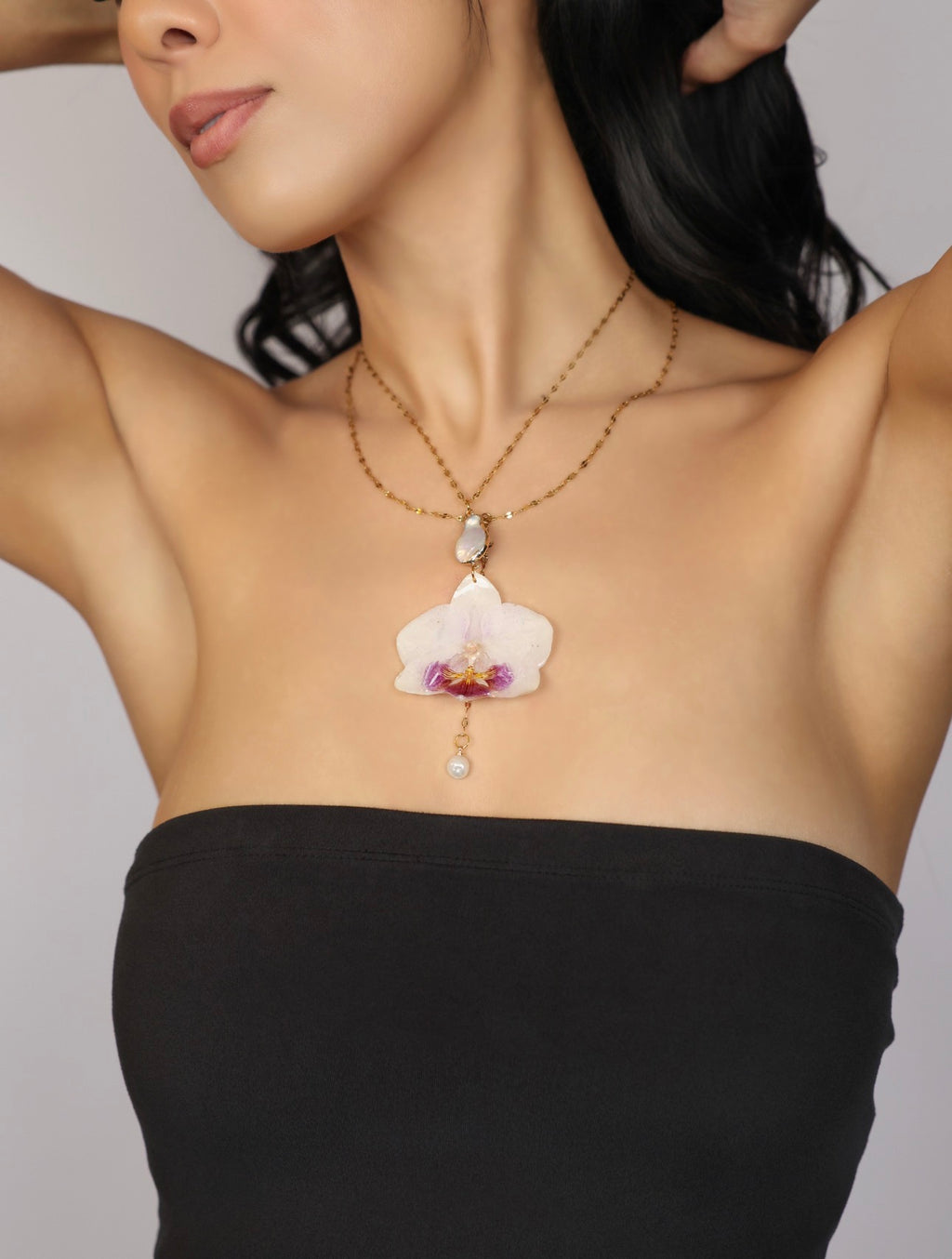 Orchid and Pearl Double Layer Y Shaped Necklace