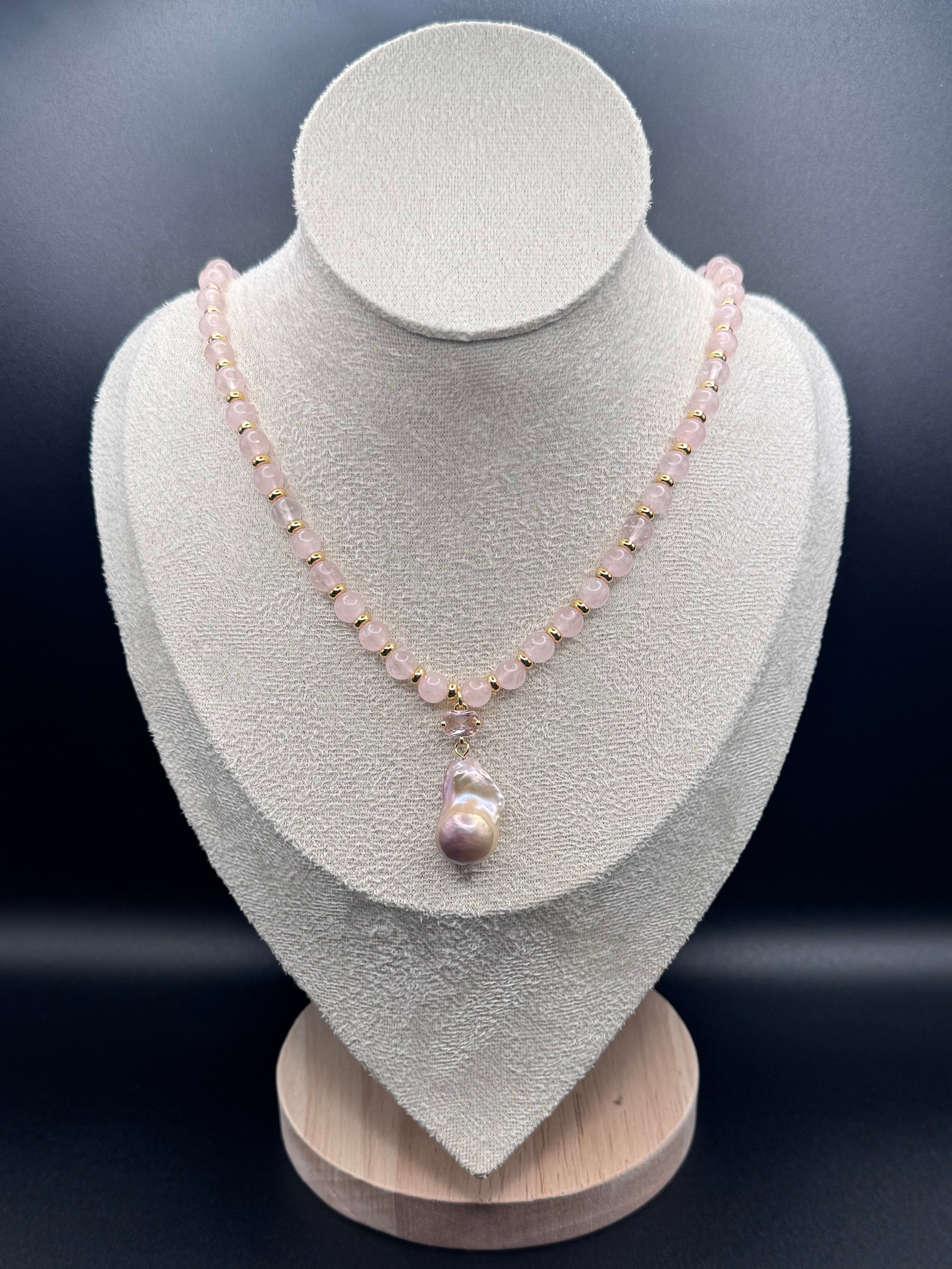 Rose Quartz Crystal Beaded Necklace with Baroque Pendant
