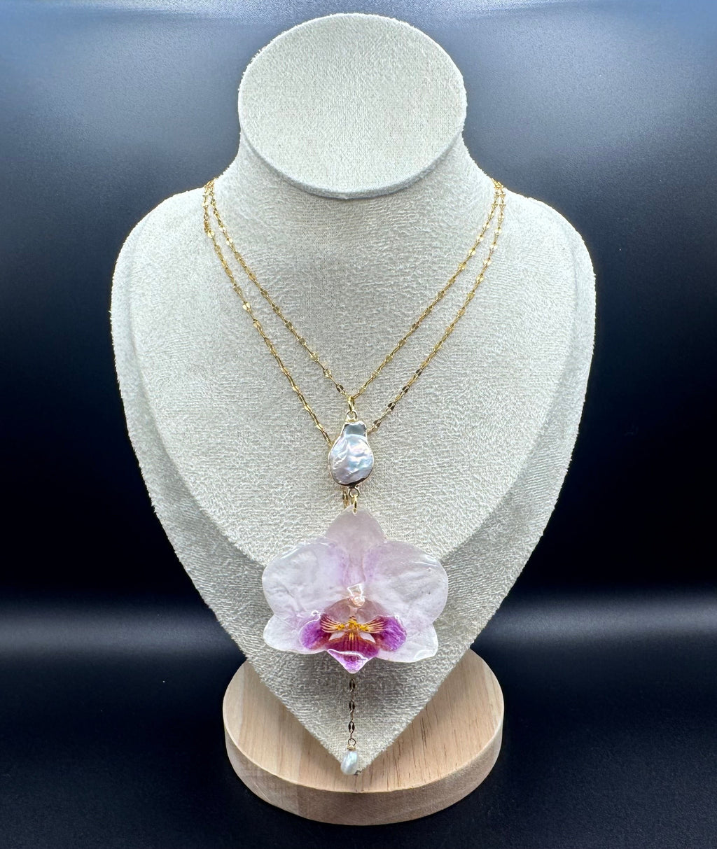 Orchid and Pearl Double Layer Y Shaped Necklace