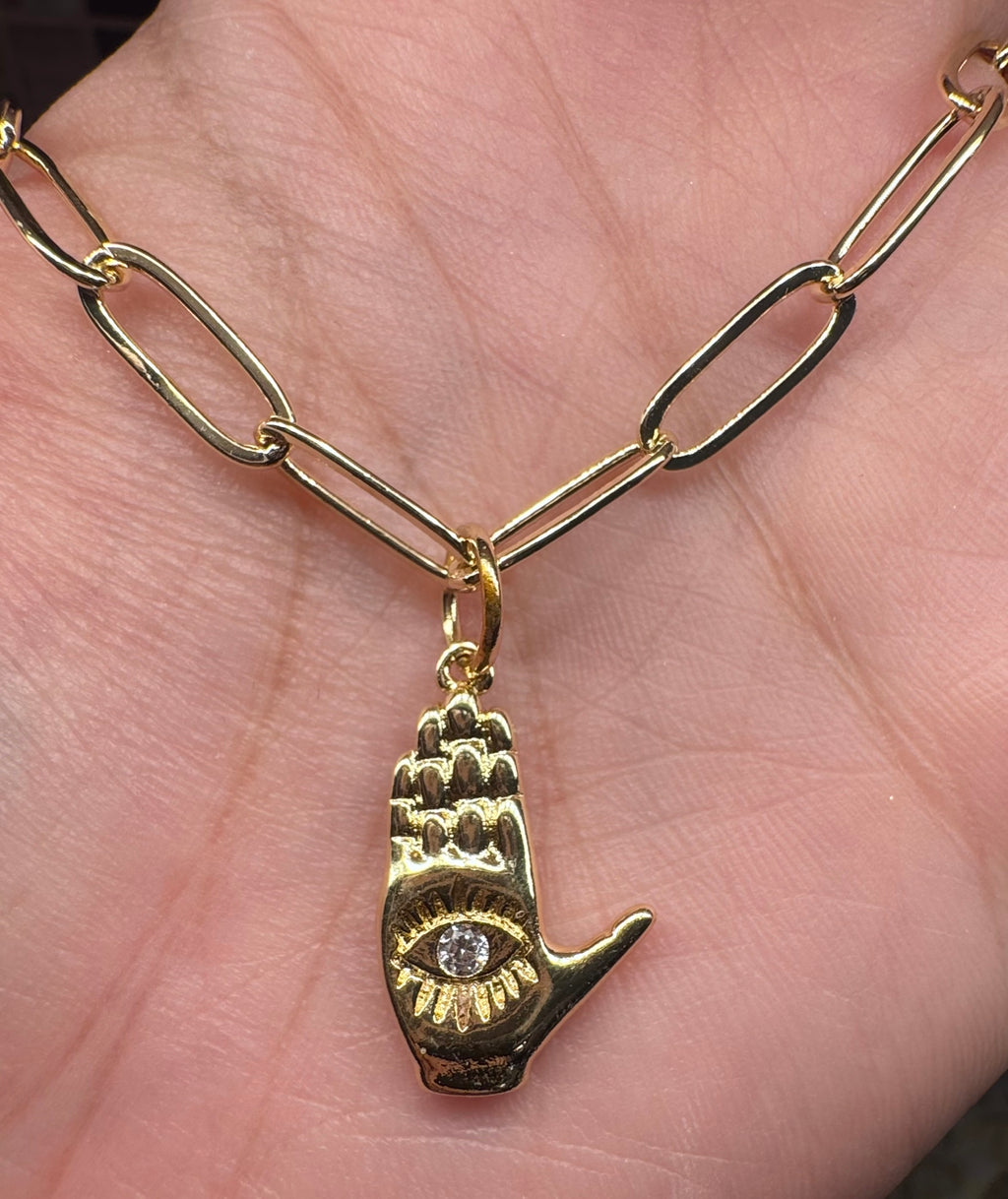 18K Gold Paperclip Chain with Evil Eye Hand Charm