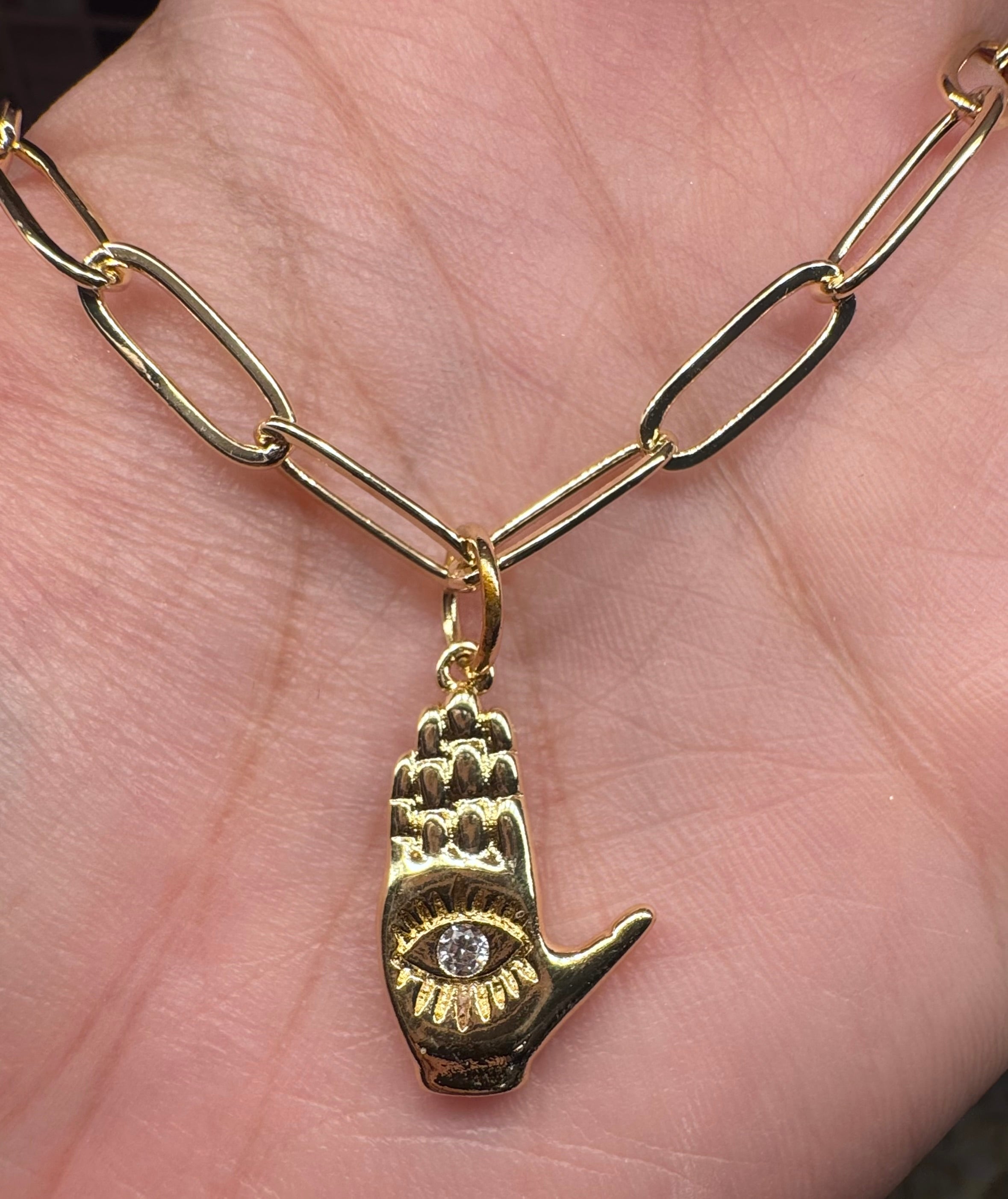 18K Gold Paperclip Chain with Evil Eye Hand Charm