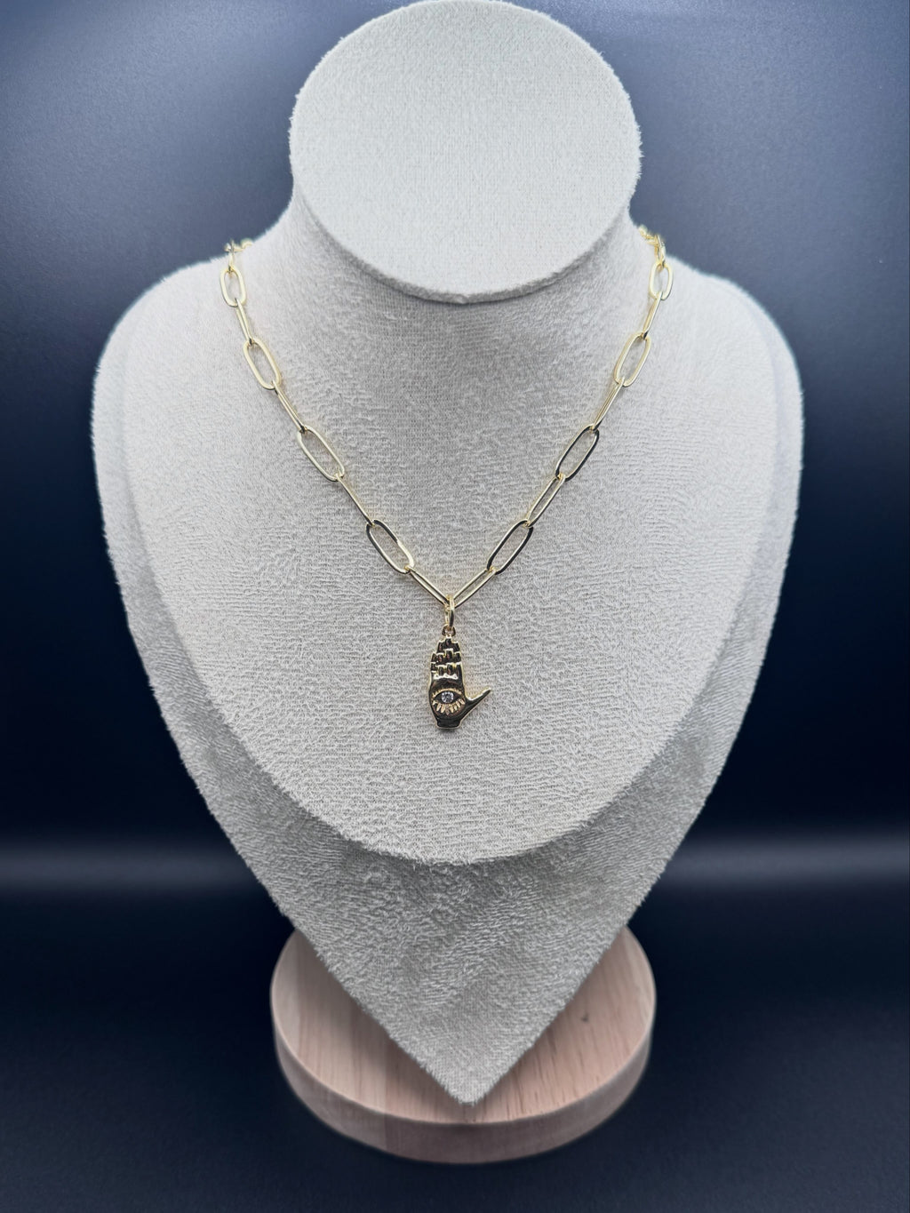 18K Gold Paperclip Chain with Evil Eye Hand Charm