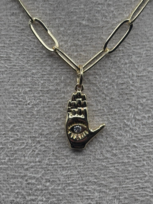 18K Gold Paperclip Chain with Evil Eye Hand Charm
