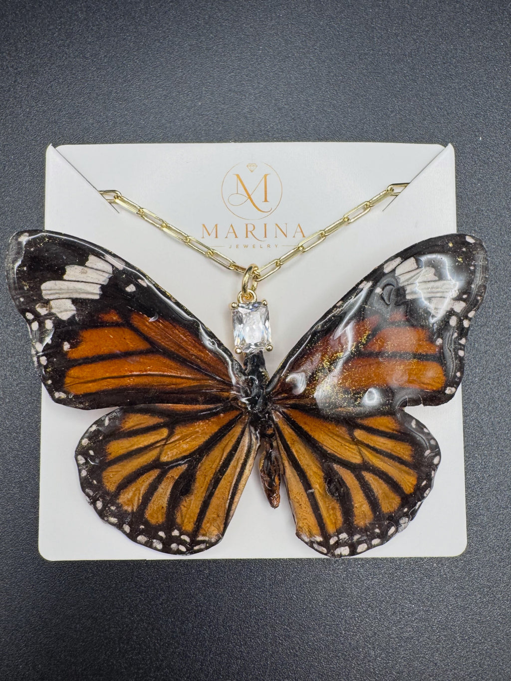 Monarch Butterfly Necklace on 18K Paper Clip Chain
