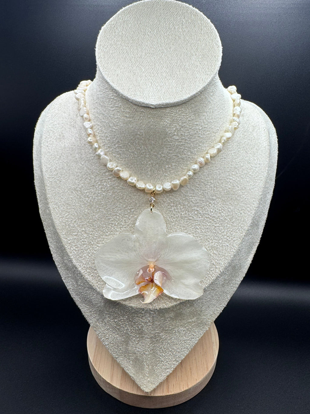 White Orchid on String of Natural Freshwater Pearls