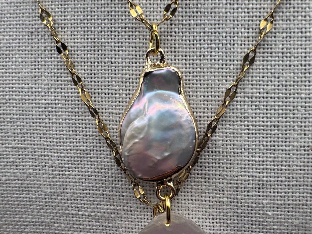 Orchid and Pearl Double Layer Y Shaped Necklace